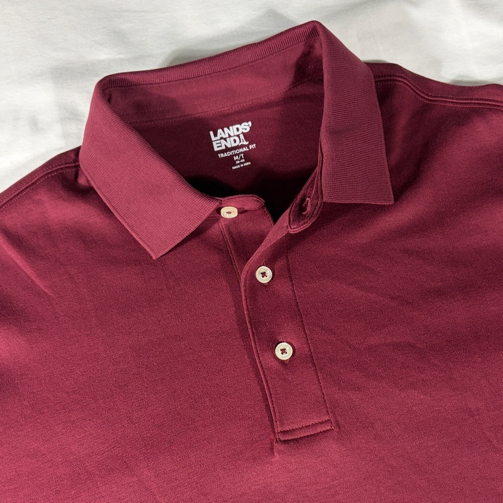 Lands' End mens burgundy Traditional long sleeve interlock polo shirt - size M